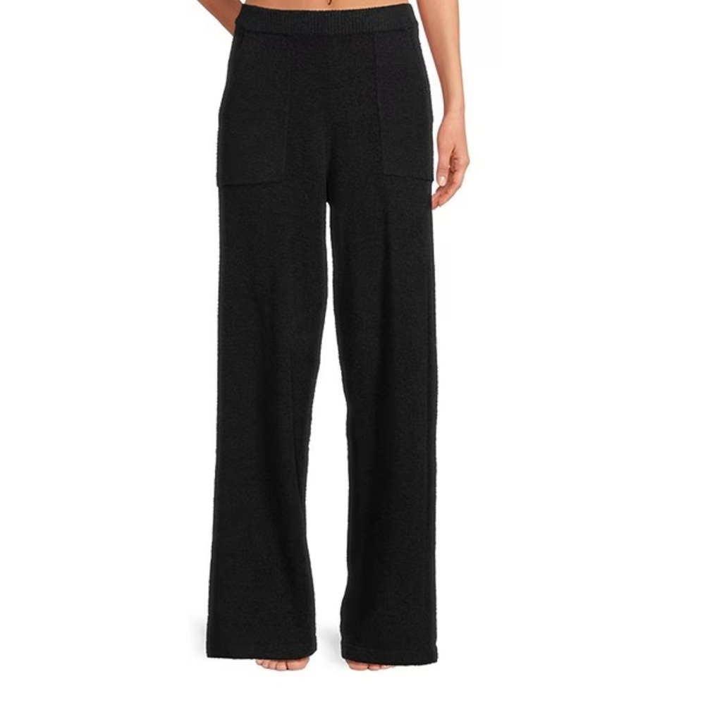 DKNY Lounge Pants Womens XL Black Wide Leg Sweater Knit Pull On Patch Pocket Com